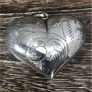 Vintage 925 Sterling Silver Large Oversized Etched Puffy Heart Pendant